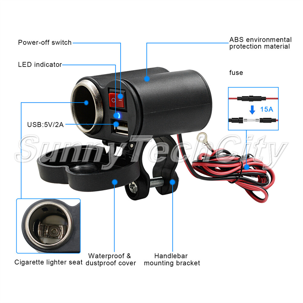 12V Motorcycle USB Charger Phone Power Supply Cigarette Lighter Outlet  Socket