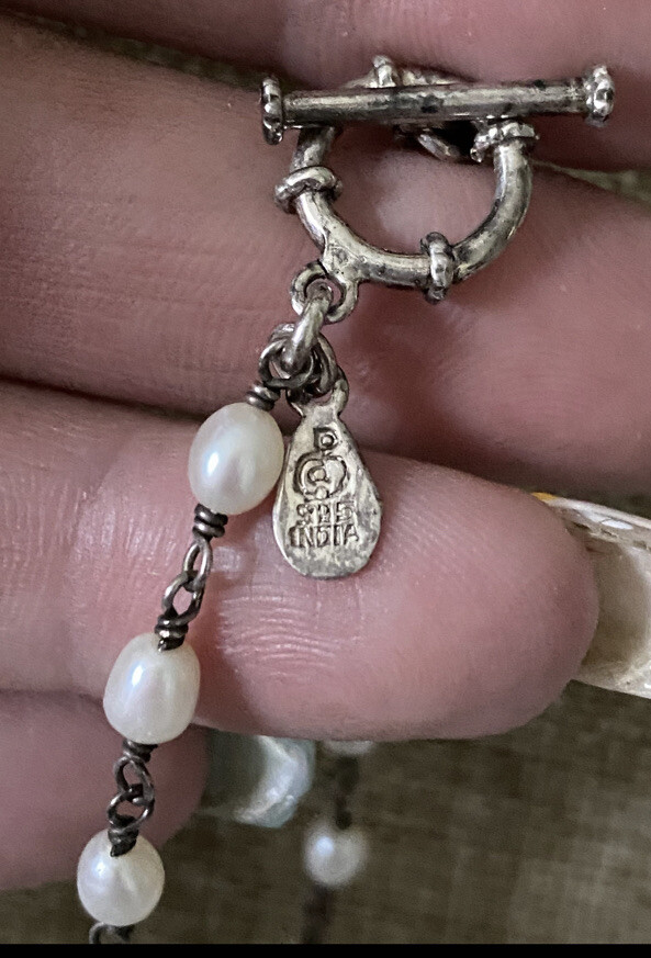 Vintage Sterling Silver Faux Pearl Beaded Toggle Necklace Marked India View 3