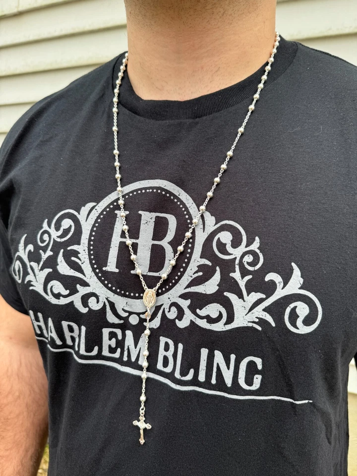 Men's 30" Long Rosary Beads Necklace Solid 925 Sterling Silver Rosario ITALY 5mm - Image 3 of 4