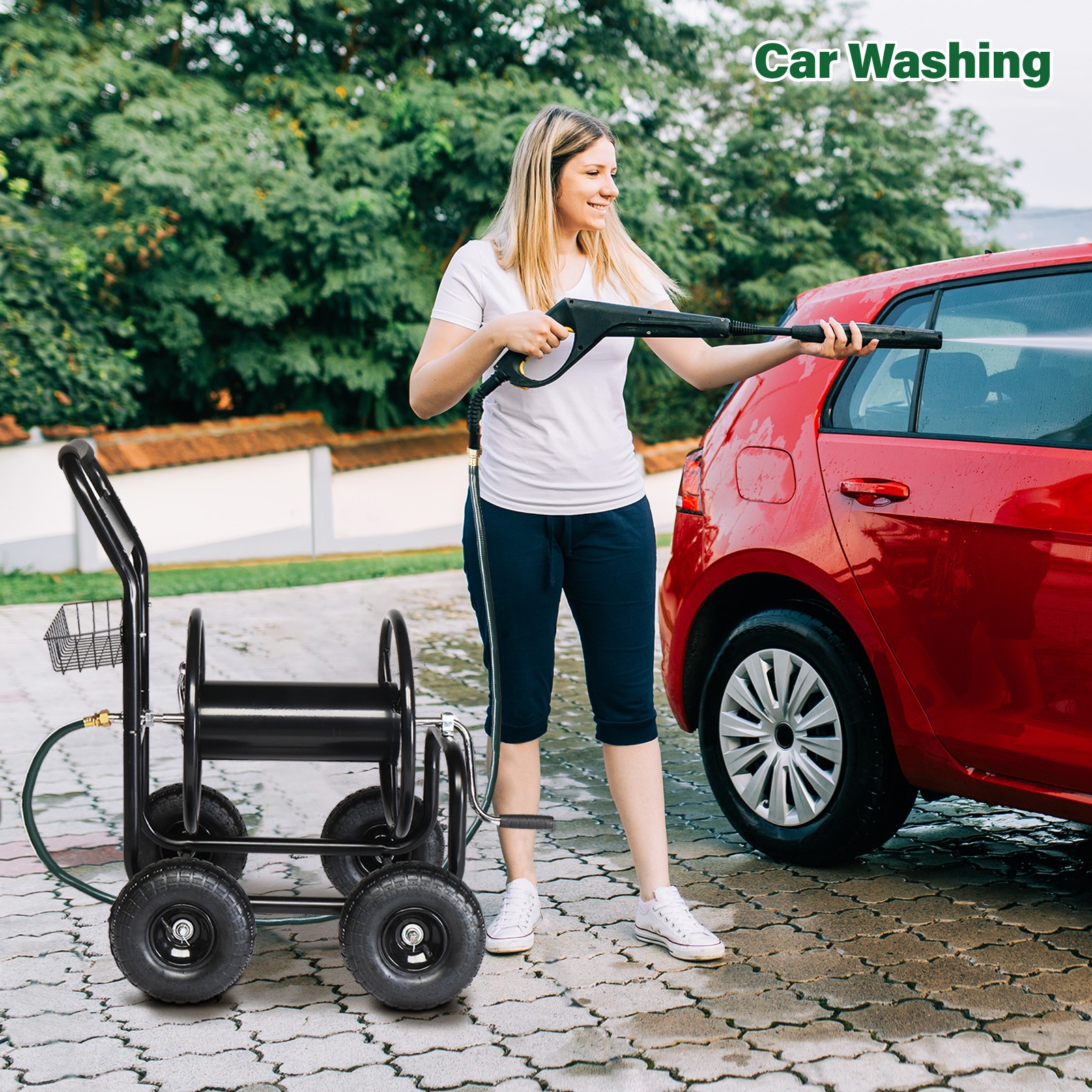 New Water Hose Reel Cart Outdoor Heavy Duty with Storage Basket 4 Wheels US
