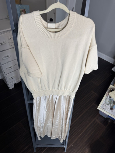 NWT Evereve Sweater/Satin  Dress Champagne M Crew Neck Short Sleeve 
