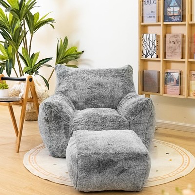 Faux Fur Bean Bag Chair with Ottoman Soft Plush Lounge Seat Sofa