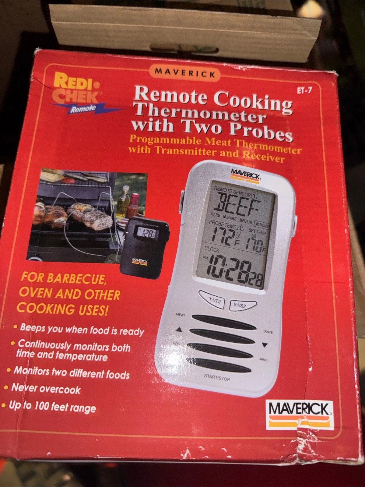 Maverick Remote Cooking Meat Thermometer BBQ ET-7 Redi Chek Transmitter