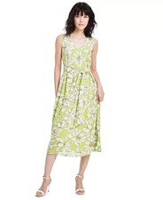 Anne Klein Printed Belted Midi Dress Women's XXS Sprout/Bright White Hook & Eye~