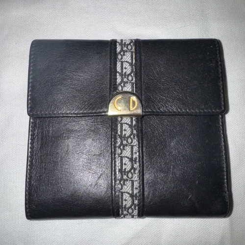 Portefeuille Dior vintage cuir triple pli tissu monogramme bleu marine doré