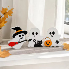 Cute Wooden Ghost Halloween Decorations   3Pcs Indoor Tabletop Decor