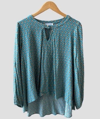 Ces Femme Women s Ditsy Dot Rayon Blouse Blue Long Sleeve Casual Top USA Medium