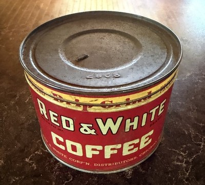 1940's Vintage RED & WHITE COFFEE Key Wind Tin Can - One Pound with Original Lid