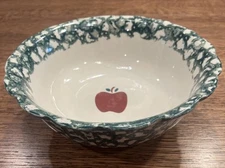 Green Spongeware FOLKCRAFT STONEWARE COUNTRY APPLE 9" Serving Bowl w/Wave Edge