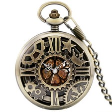 Steampunk Gear Skeleton Hand-Wind Mechanical Pocket Watch Chain Gift for Him