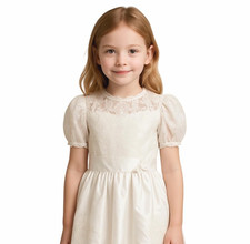 VTG White Lace Taffeta Flower Girl Communion Dress 12 Puff Sleeve Bow Nicole