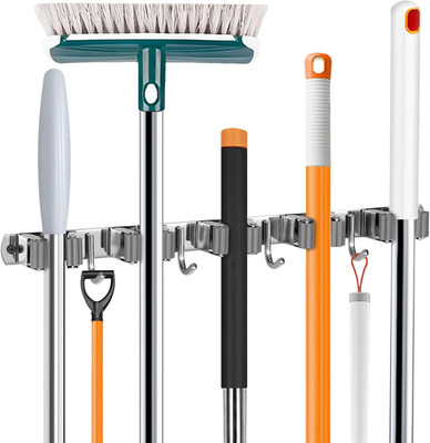 Broom Holder Wall Mount Stainless Steel Mop Organizer 5 Racks 4 Hooks Grey