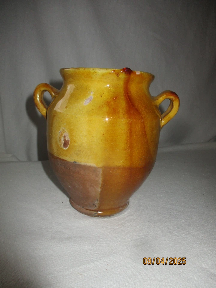 Ancien petit pot à graisse saindoux miel  terre cuite vernissée jaune sud ouest - Photo 2/4