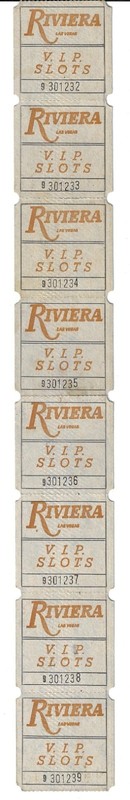 Riviera Casino - Las Vegas, NV - Strip of 8 Attached $20 Riviera Dollars Tickets