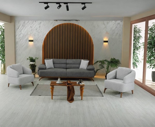 Wohnzimmer Set: 3-Sitzer Sofa, 2X Sessel Grau Minimalistisches Design-image