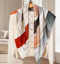 Pure 16Momme Twill Silk Scarf Bandanna Square Shawl 35'' Orange totem Print Wrap