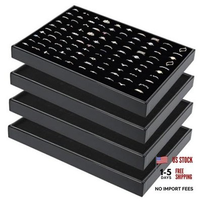 4 Pack Velvet Ring Display Tray 100 Slots Stackable Jewelry Organizer Tray
