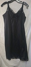 Vintage Shadowline Nylon Satin Slip Nightgown Black Lace Trim Sz 40 Made In USA