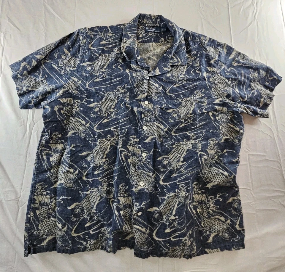 Polo Ralph Lauren Shirt Men 2XL Blue Linen Koi Carp Fish Nautical Beach Hawaiian - Image 2 of 4