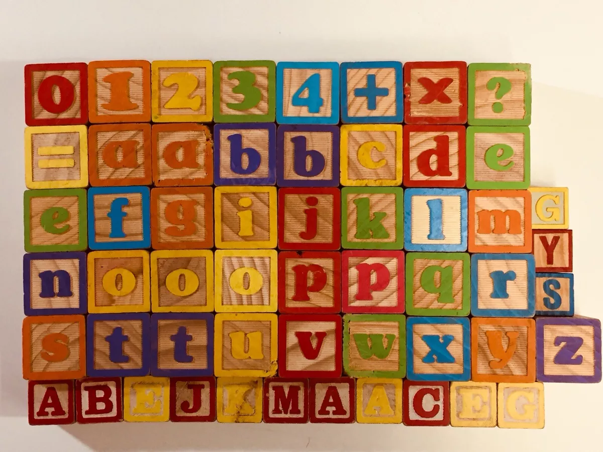 Lot of 55 Vintage Wooden Miscellaneous Sized ABC Alphabet Toy Letter Blocks  GUC