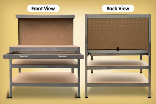 3-Layer Steel Work Bench Garage Storage Table Tool Shelf Pegboard Drawer Silver - Picture 3 of 7
