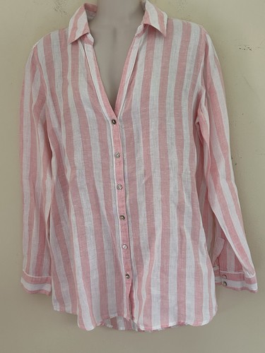 C&C California Woman's Pink & White Linen Blouse Roll Tab Sleeve Button Down S - Picture 2 of 8
