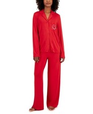 JENNI Sz S Supersoft Long Sleeves Notched-Collar Top  Pants Pajamas Set Smiley