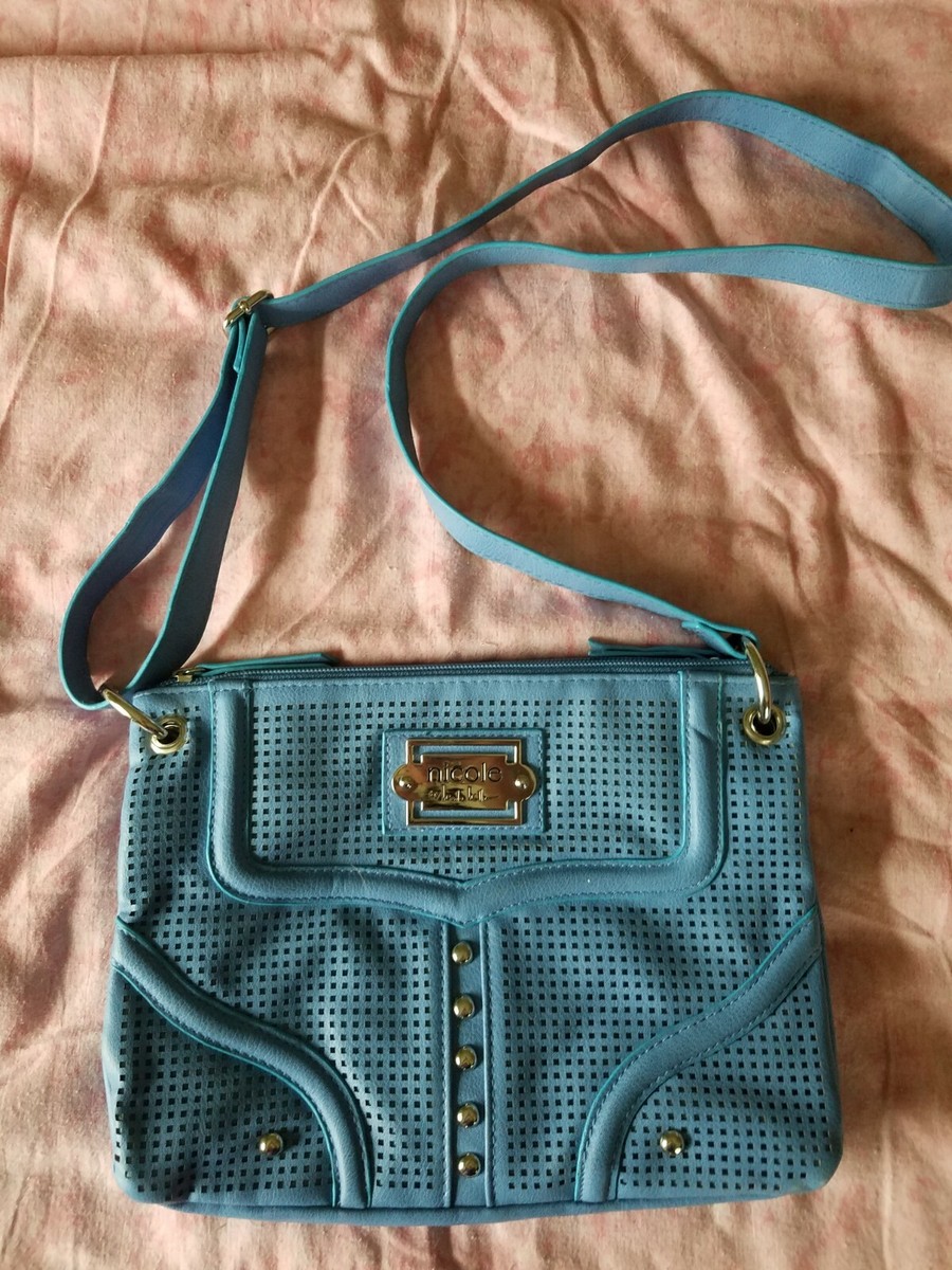 EUC Lovely Nicole Miller Crossbody Purse Adjustable Strap in Blue w/Silver  Studs