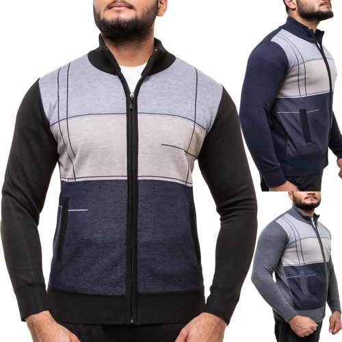 Men's Classic Zip Up Cardigan Pocket Zipper Stripe Knitted Sweater Jumper Tops - Imagen 2 de 42
