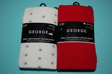 Girls 2 PAIR LOT TIGHTS Heavy Wt OFF WHITE w/ SILVER DOTS Solid Red SIZE 12-14