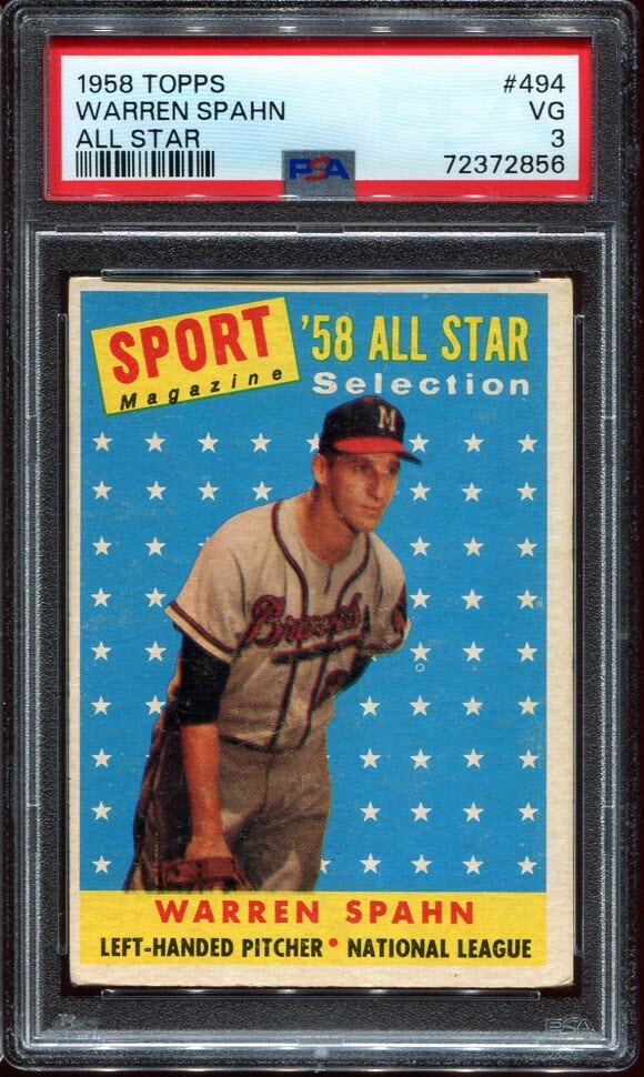 PSA 3 VG 1958 TOPPS WARREN SPAHN #494 BRAVES ALL STAR HOF 72856 SD133