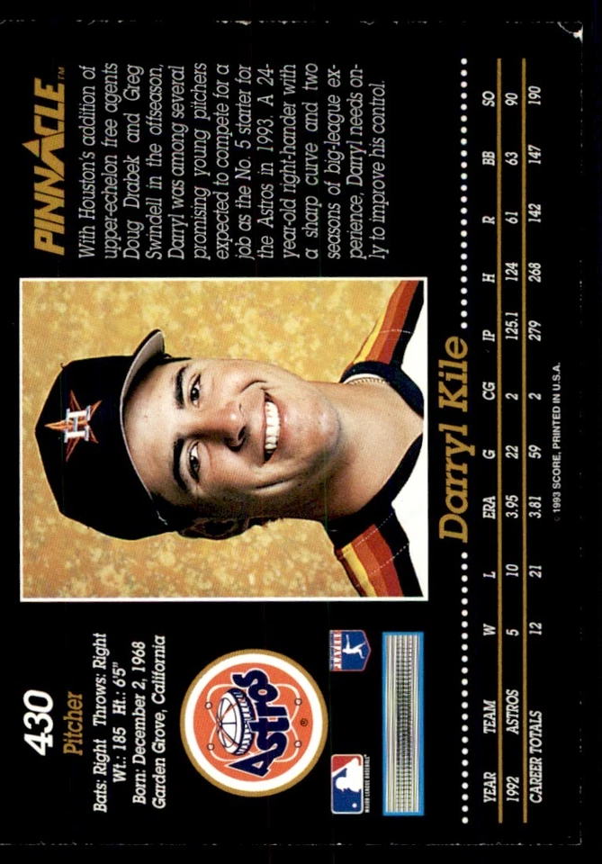 1993 Pinnacle Darryl Kile Houston Astros #430 - Image 2 of 2