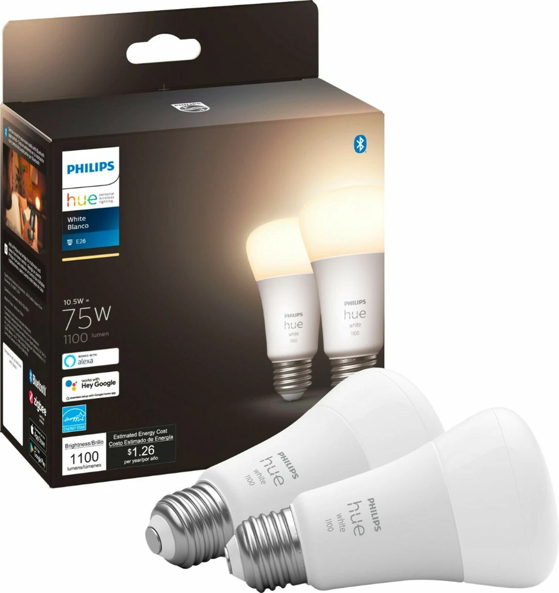 Philips Hue White A19 Bluetooth 75W Smart Home LED Bulbs 2 pack