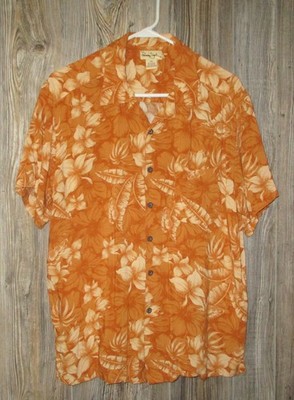 Panama Jack Short Sleeve Size Large Orange Tropical Island Print 100% Rayon