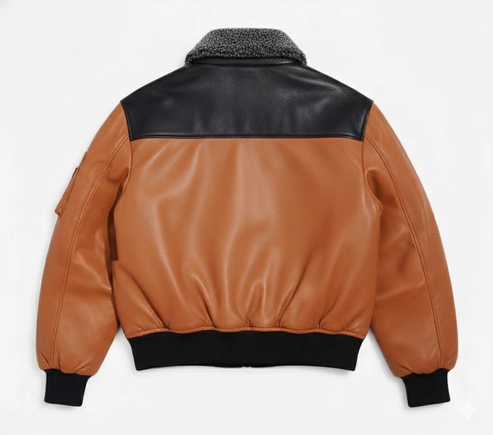 Men’s Real  Leather Puffer two color Black & Tan  sherpa collar  jacket - Image 3 of 4