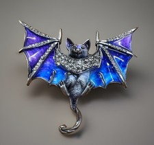 NWOT Brooch Pin Halloween Whimsical Enameled Rhinestone Bat Blue Purple 2.5  W