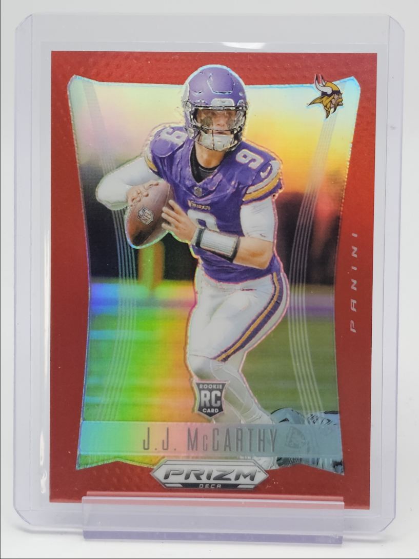 J.J. MCCARTHY 2024 PANINI PRIZM DECA ROOKIE RED VIKINGS RC /199 Q0004