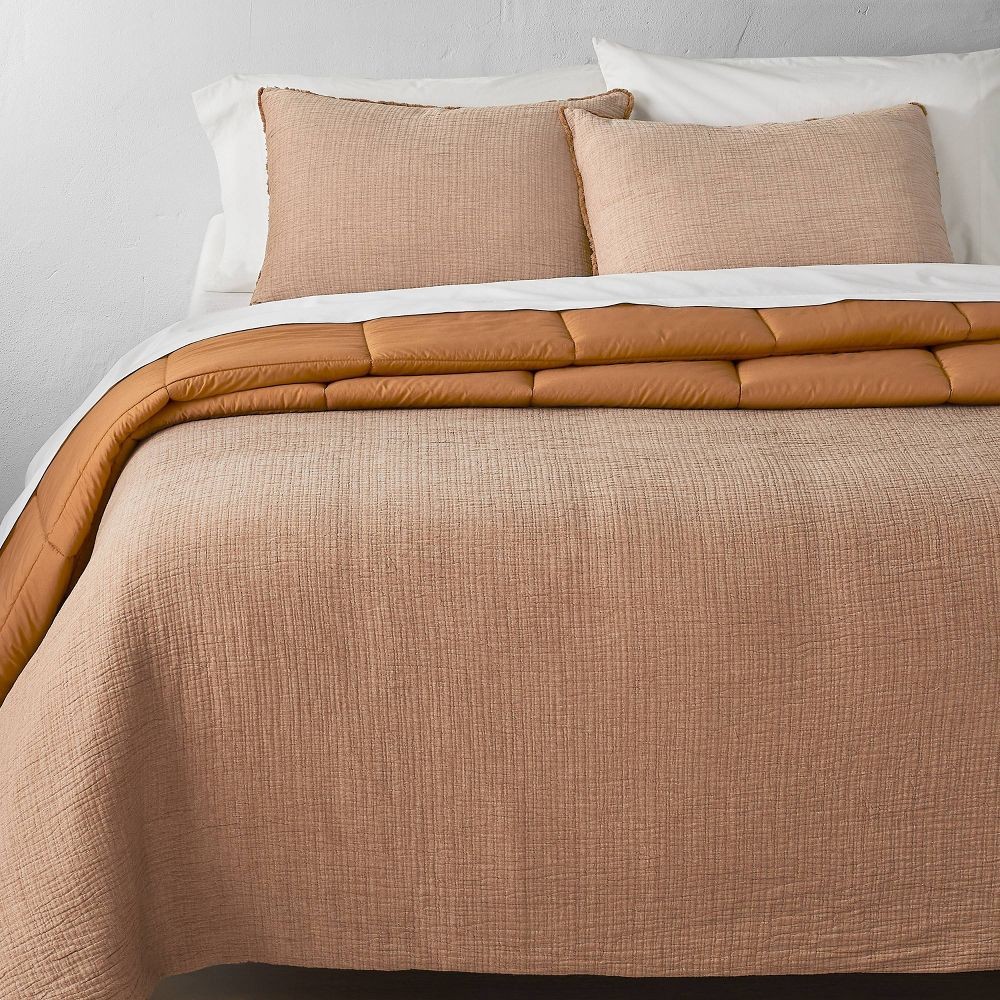 FullQueen Textured Chambray Cotton Comforter - Sham Set Warm Brown - Casaluna 10890₽