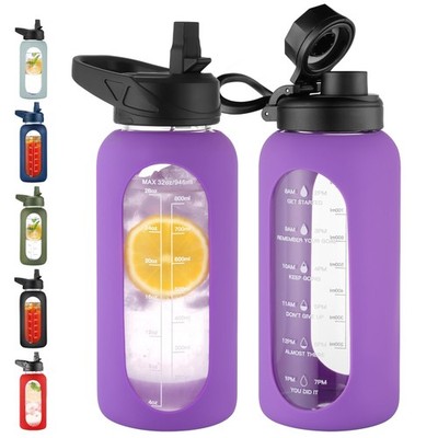 CIVAGO 32oz Glass Water Bottle w/ Straw & Handle, Large Sports Motivational