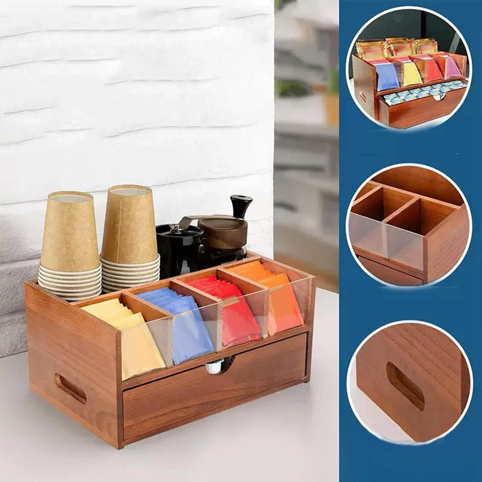 Coffee Bar Organizer Condiment and Cup Storage Holder Wood Rustic Countertop