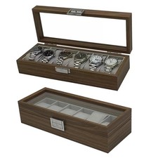 6 Slot Wooden Watch Box Black Walnut Glass Display Case