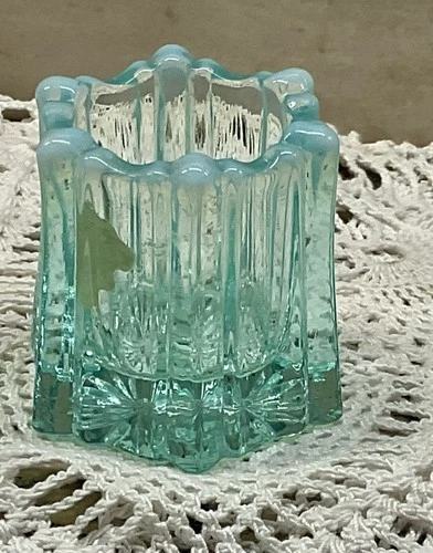Vintage FENTON Aqua Six-Sided Paneled TOOTHPICK HOLDER Opalescent 2"