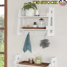 2-Tier Wall Mounted Ladder Shelf W/ Hooks Bathroom Entryway Living Room New