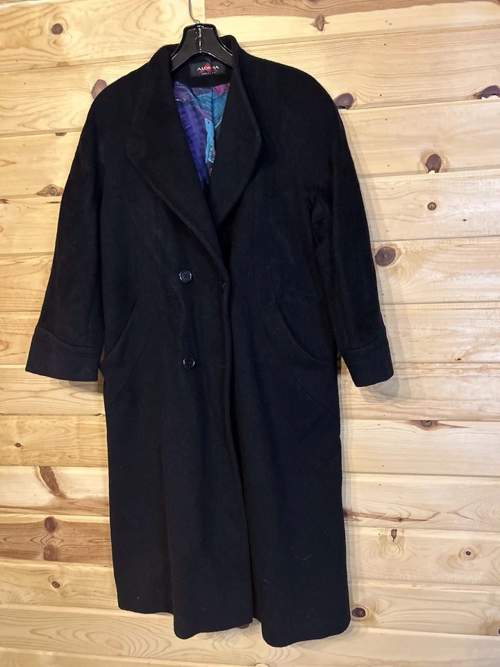 Vintage Alorna Black Wool Blend Long Coat Women’s Made in USA 80s Style XL - Image 2 of 4