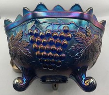 VINTAGE CARNIVAL NORTHWOOD ELECTRIC BLUE GRAPE & CABLE BANDED & STIPPLED BOWL