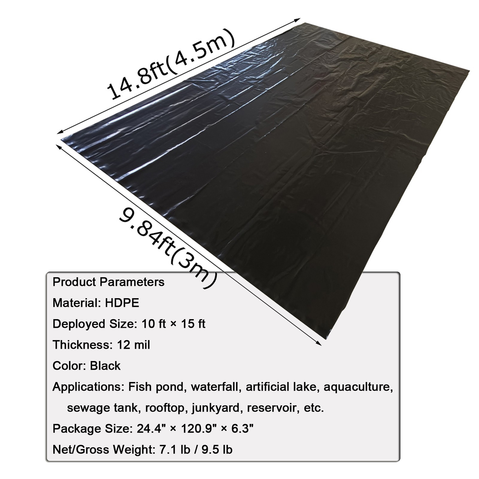 HDPE Pond Liner Membrane Impervious Aquaculture (10ft x 15ft, 12mil Thickness)