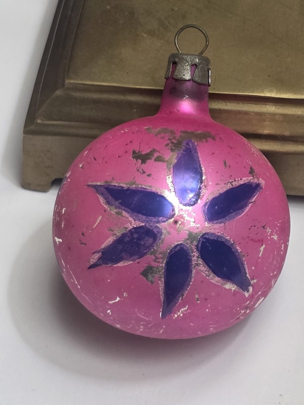 Vintage Poland Pink W Purple Flower Glass Ball Christmas Ornament