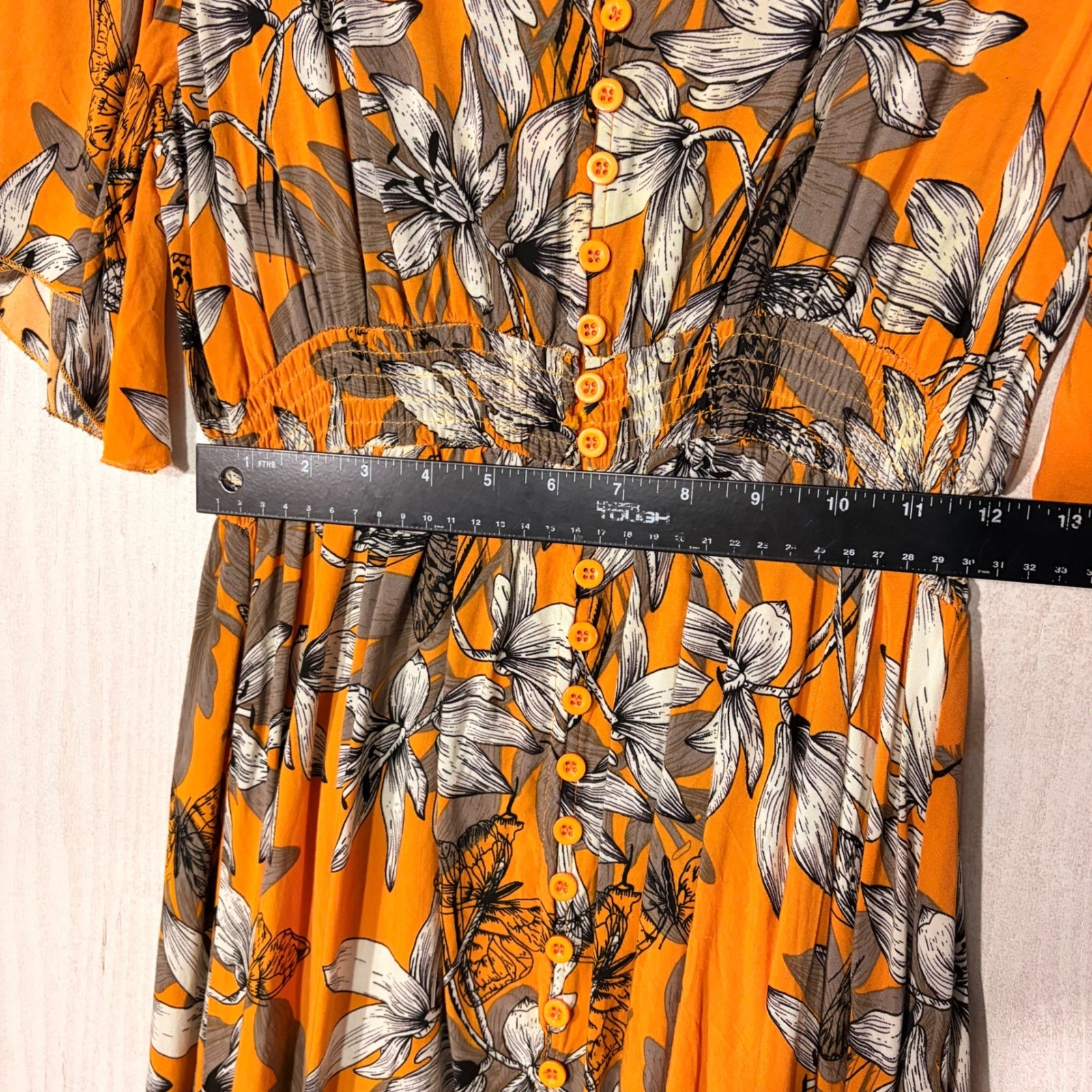 Unbranded Floral Butterfly Mini Dress Womens Size M Orange Button Front Boho image 3