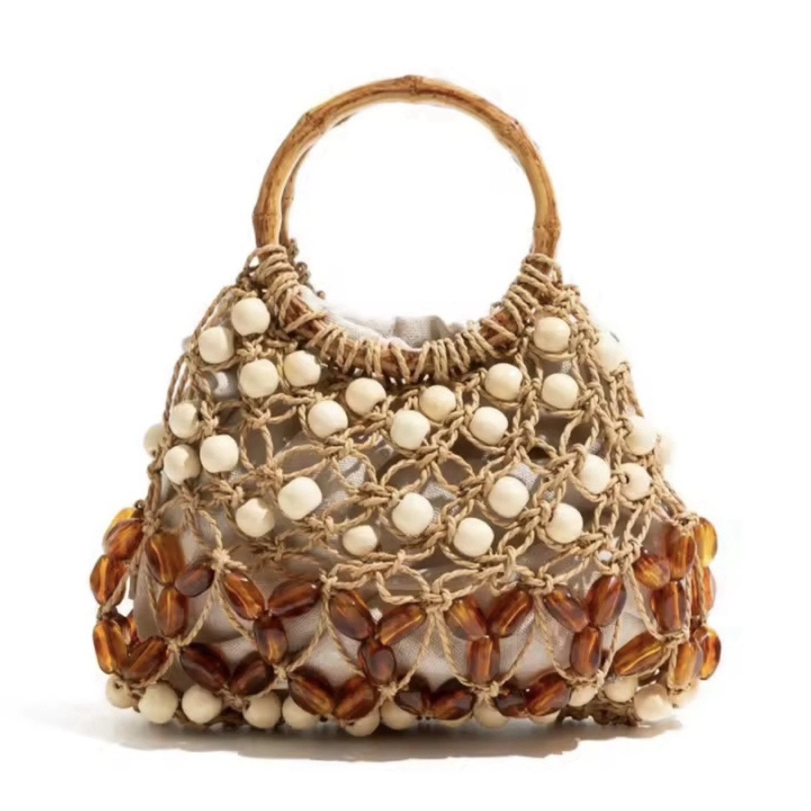 woven Beige Brown Women’s Shell Beaded Net Top Handle Bag Bamboo Handle Beach