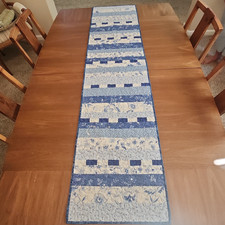 Homemade Table Runner Quilted Patchwork 59 X 14.5" Shades of Blue and White